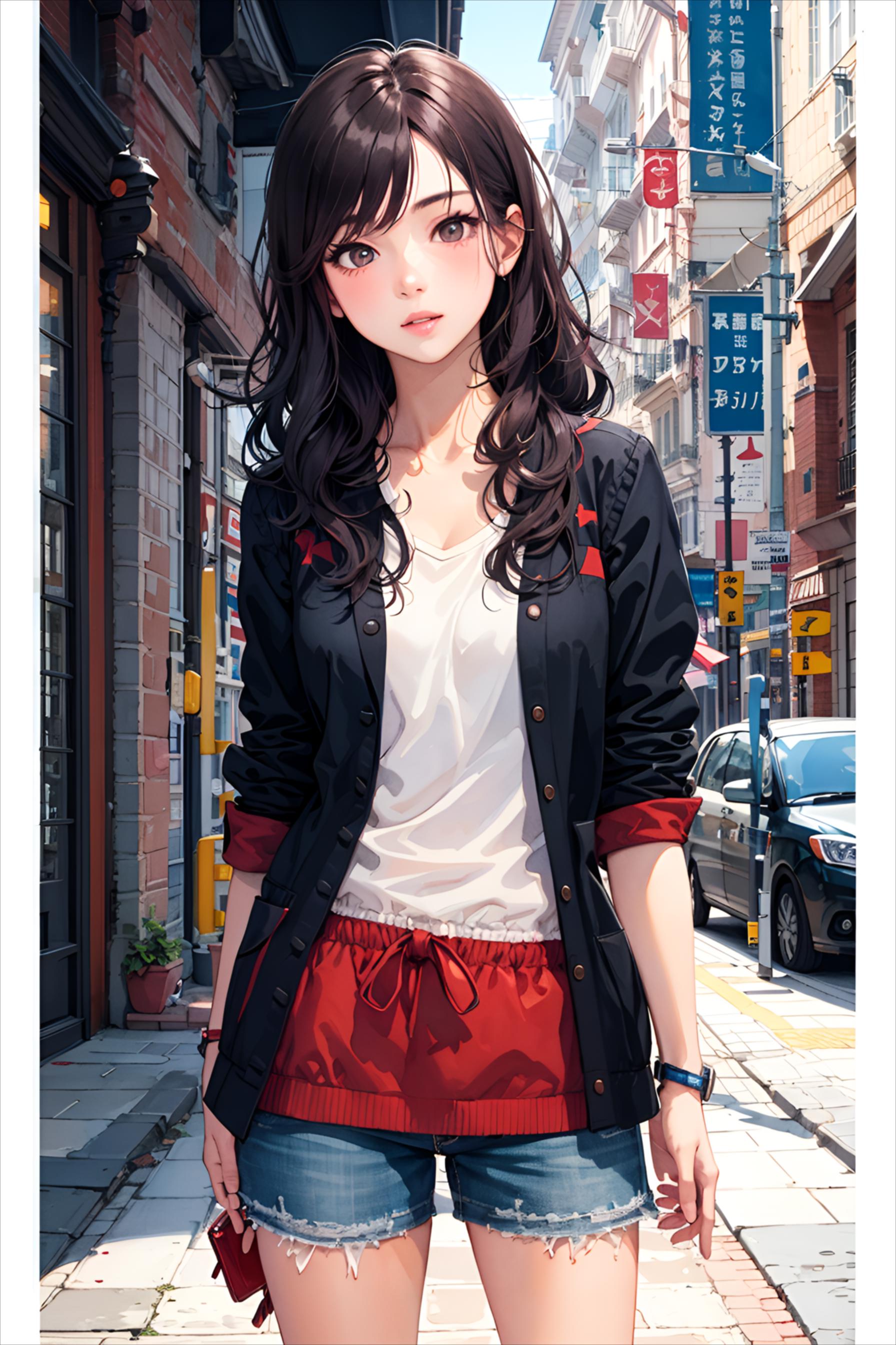 Anime girl in a short skirt and jacket standing on a city street ...