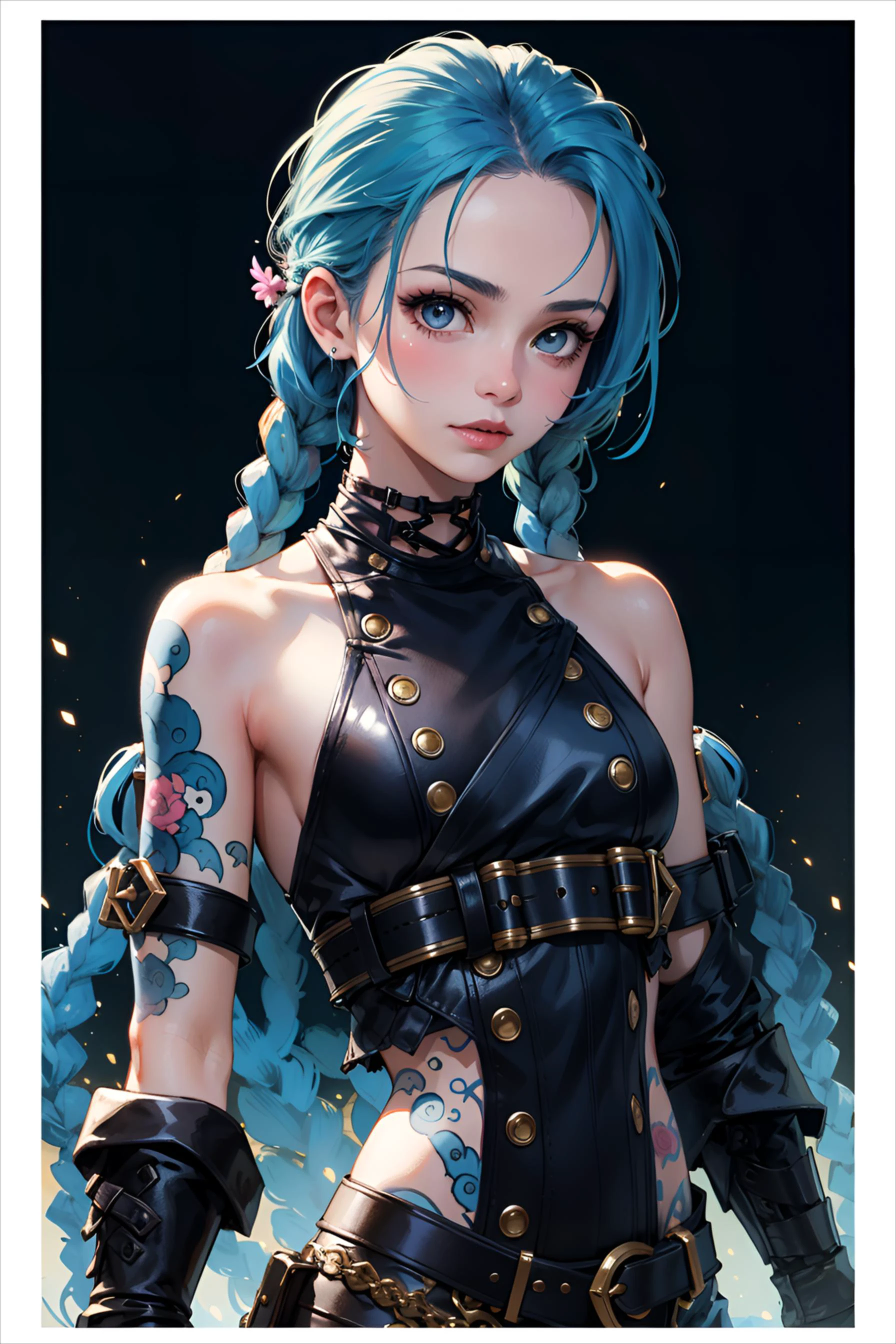 semi-realistic, 2.5D, detailed, flat colors only, illustration, line-art, watercolor:0.8, best quality,
detailed background,
close-up head and shoulders of 18yo 1girl, Jinx cosplay, outdoors,
light-blue hair, twin braids, tattoos, event pass,
in convention center at cosplay event,
side-lighting, dramatic lighting, deep shadows,