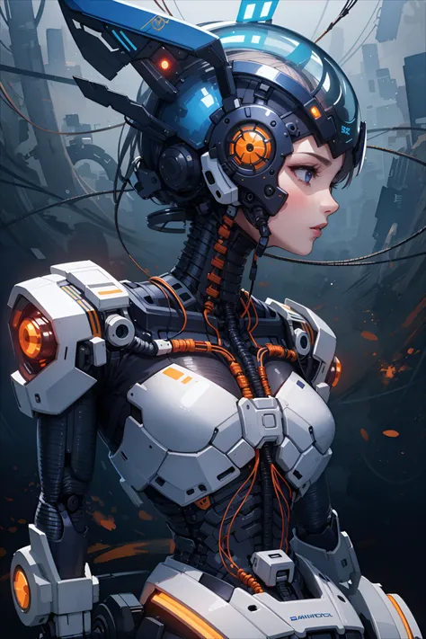 2.5D, semi-realistic, illustration, flat colors only, detailed concept drawing, stylized line-art, watercolor, matt,
colorized, carbon + black limited color palette,
profile woman android face, cyborg, robotic parts,  cyberpunk, lace, anatomical, facial muscles, cable electric wires, microchip, elegant, robot, silver helmet, sitting,
(2D illustration background),