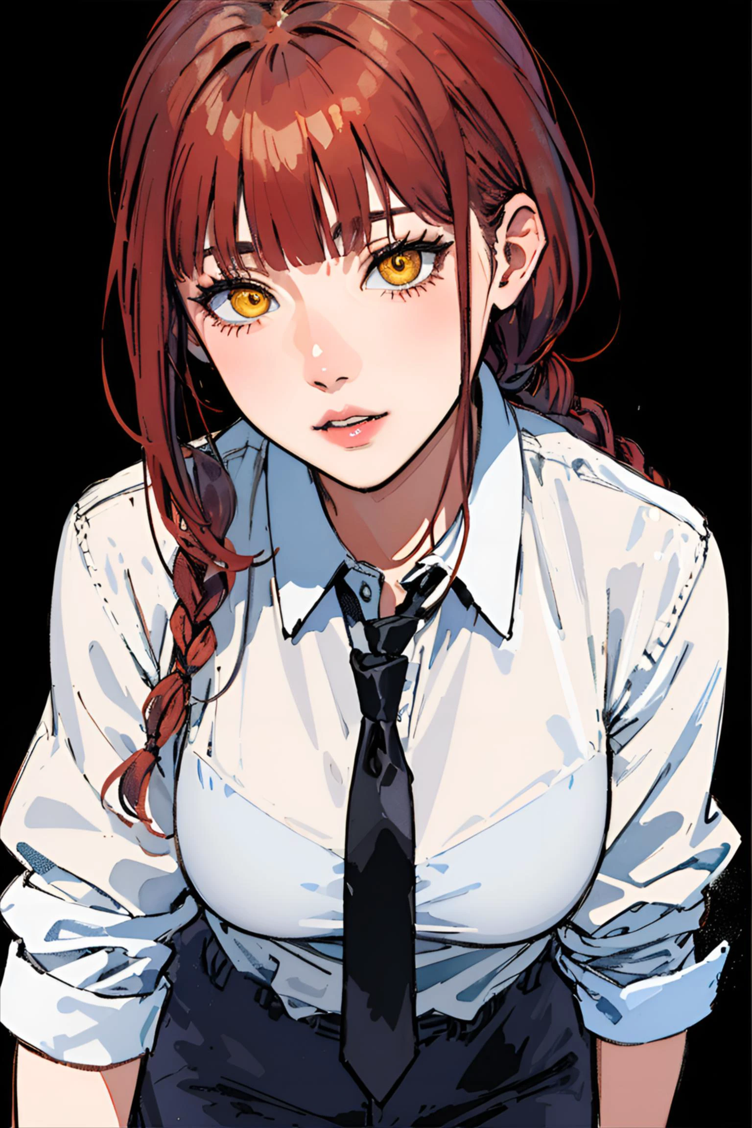illustration, 2D, flat colors,
best quality, semi-realistic, watercolor, brush strokes,
colorized, red + white + black limited color palette, detailed concept drawing,
from front,
20yo makima \(chainsaw man\), (light-red hair)+(long braided hair)+(side bangs), yellow eyes, golden eyes, (ringed eyes), white shirt, necktie, large breasts, (small lips),
Tokyo office, detailed background,
side-lighting, dramatic lighting, deep shadows,
(2D illustration background),