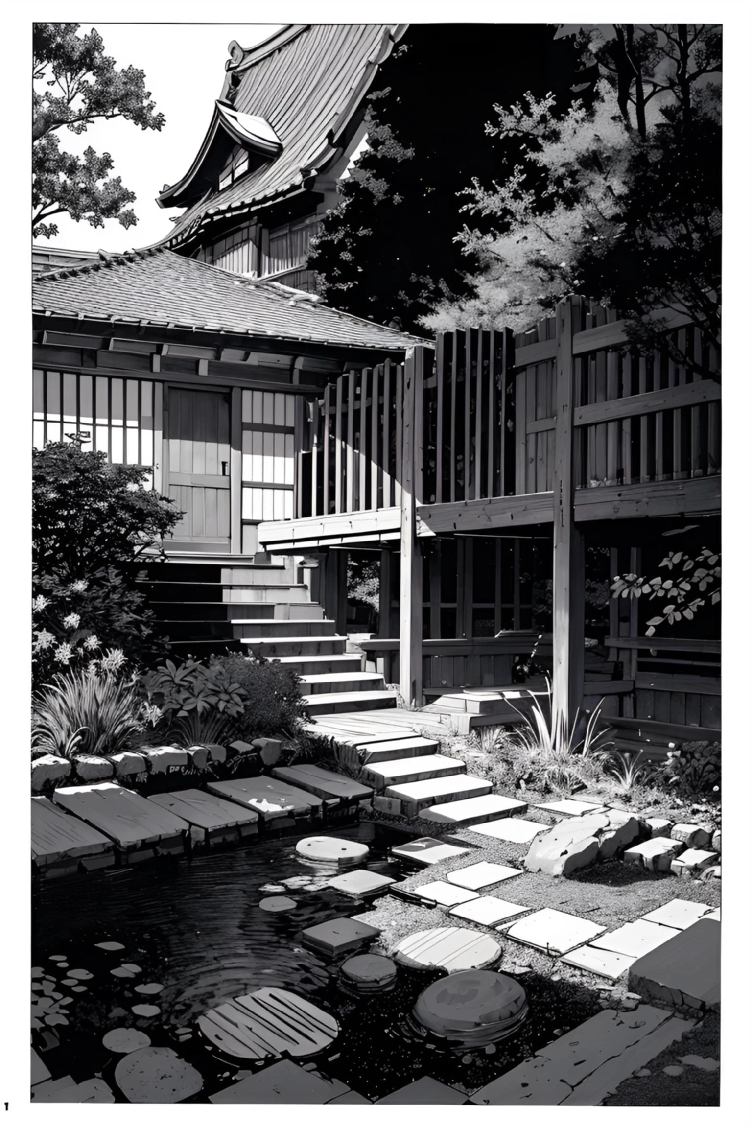 ultra-detailed, 2.5D, flat-colors, line-art,
monochrome illustration,
Japanese shrine,
daytime,
autumn leaves,