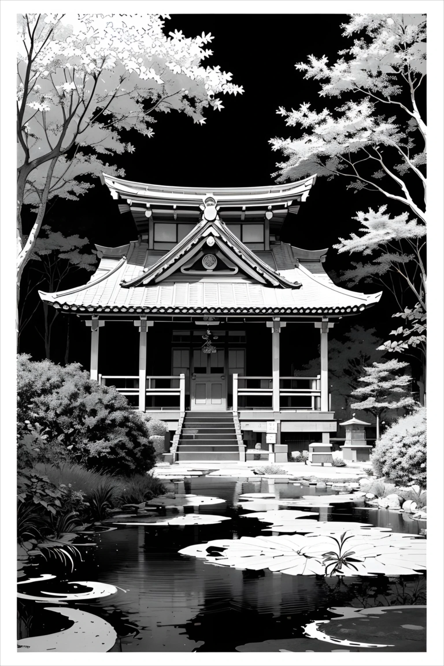 ultra-detailed, 2.5D, flat-colors, line-art,
monochrome illustration,
Japanese shrine,
daytime,
autumn leaves,