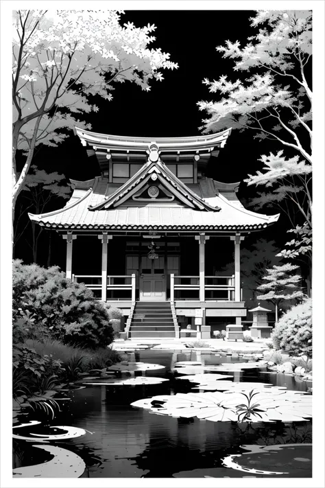 ultra-detailed, 2.5D, flat-colors, line-art,
monochrome illustration, 
Japanese shrine, 
daytime,
autumn leaves,