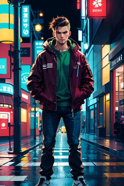 masterpiece, highest quality, realistic, subsurface scattering, chromatic lighting,
colorized, red + yellow + green + blue limited color palette, detailed concept drawing, line-art, illustration,
cyberpunk,
18yo 1man,
extrovert,
slick hair,
red jacket,
arms crossed,
looking mean,
America,
city,
club, people,
wet street surface,
detailed background,