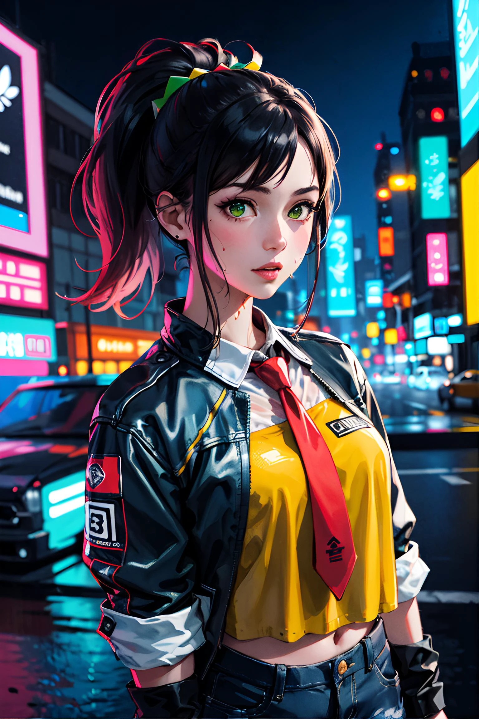 masterpiece, highest quality, realistic, subsurface scattering, chromatic lighting,
colorized, red + yellow + green + blue limited color palette, detailed concept drawing, line-art, illustration,
cyberpunk,
18yo 1girl,small breasts,
extrovert,
ponytail hair,
punk outfit,
necktie,
pleated,
America
city,
club, people,
wet
detailed background