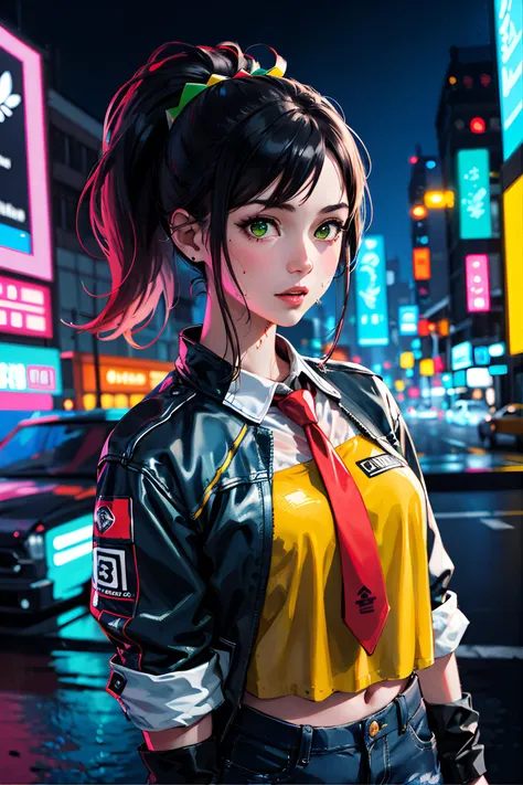 masterpiece, highest quality, realistic, subsurface scattering, chromatic lighting,
colorized, red + yellow + green + blue limited color palette, detailed concept drawing, line-art, illustration,
cyberpunk,
18yo 1girl,small breasts,
extrovert,
ponytail hair, 
punk outfit,
necktie,
pleated,
America
city,
club, people,
wet
detailed background