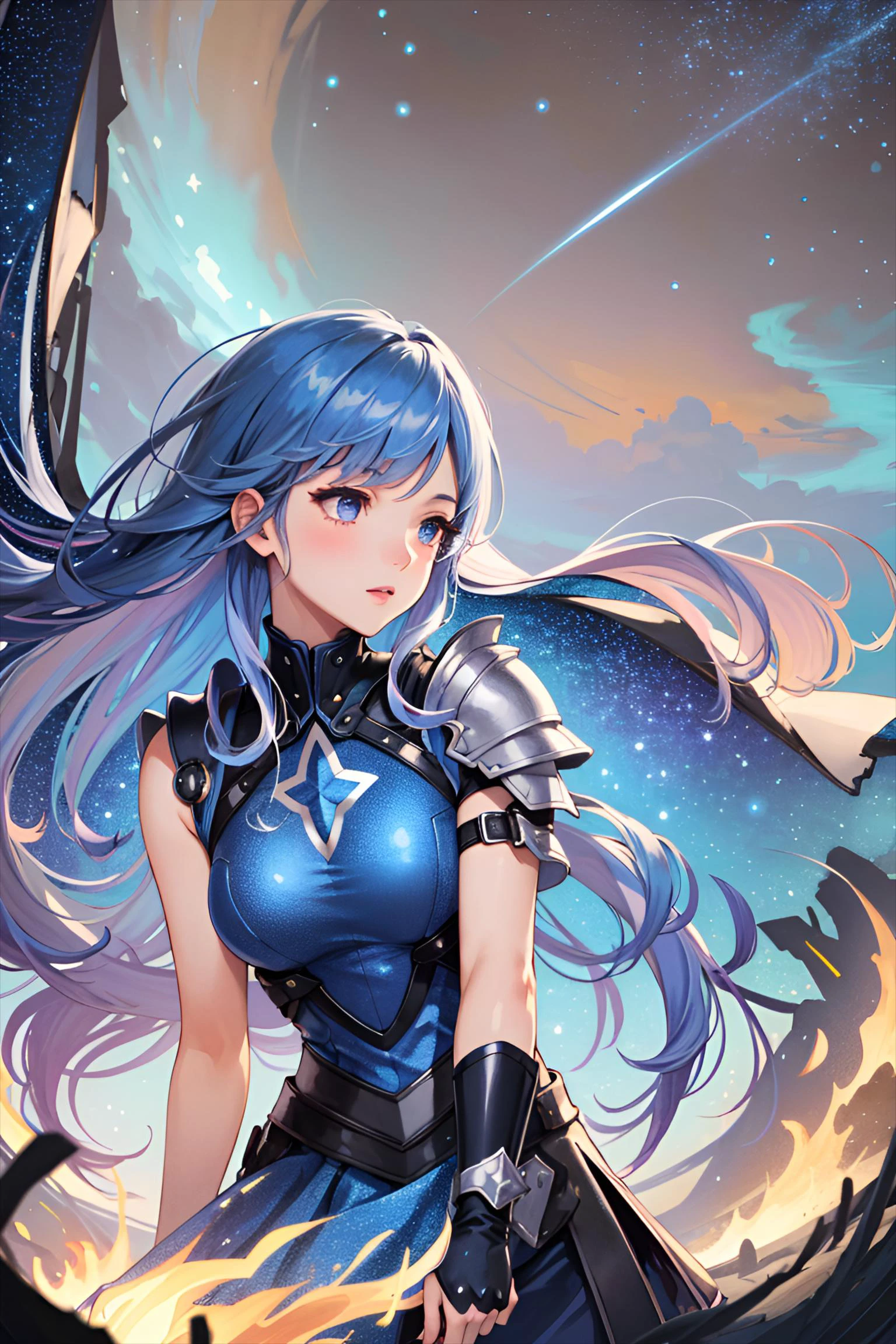 masterpiece, highest quality, subsurface scattering, chromatic lighting, colorized, blue + pink + purple + black limited color palette,
mature woman, (beautiful slender body), (soft medium breast), (pretty face), (long blue hair), (shiny body armor), (starry skirt),
(campfire:0.9), nighttime, stars in sky