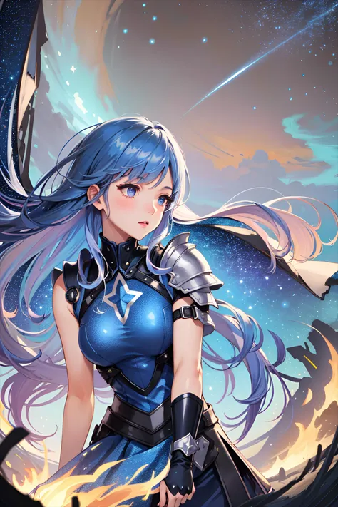 masterpiece, highest quality, subsurface scattering, chromatic lighting, colorized, blue + pink + purple + black limited color palette,

mature woman, (beautiful slender body), (soft medium breast), (pretty face), (long blue hair), (shiny body armor), (starry skirt),

(campfire:0.9), nighttime, stars in sky