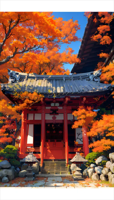 detailed, 2.5D, flat-colors, line-art,
Japanese shrine, 
roof tiles, wood, stone,
daytime,
autumn leaves,