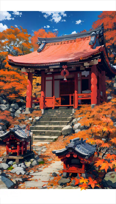 detailed, 2.5D, flat-colors, line-art,
Japanese shrine, 
roof tiles, wood, stone,
daytime,
autumn leaves,