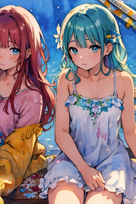 (illustration:1.3), 2D, highest quality, anime line-art, vivid pastel colors, colorful, detailed, watercolor:1.2, brush strokes,
colorized, red:1.1 + green:0.8 + blue:1.1 + yellow:1.3 + white limited color palette,
(close-up) of 20yo (2girls:1.1), medium breasts, hippy, flowers in hair, (long swirling braided-hair), (short white summer dress), bra straps, (mature face),
seated, facing away from camera,
in (San Francisco market), crowds, people,
side-lighting, dramatic lighting, deep shadows,
(illustration background), bokeh