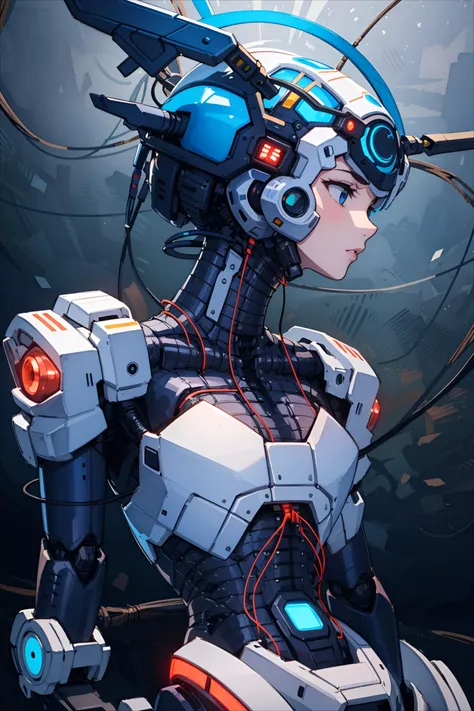 2.5D, semi-realistic, illustration, flat colors only, detailed concept drawing, stylized line-art, watercolor, matt,
colorized, carbon + black limited color palette,
profile woman android face, cyborg, robotic parts, cyberpunk, lace, anatomical, facial muscles, cable electric wires, microchip, elegant, robot, silver helmet, sitting,
(2D illustration background),