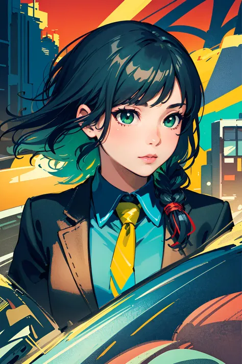 masterpiece, highest quality, realistic, subsurface scattering, chromatic lighting,
colorized, red + yellow + green + black limited color palette, detailed concept drawing, line-art, illustration,
stylish,
18yo 1girl,medium breasts,
braided hair,
punk outfit,
necktie,
print,
metallic,
Europe
city,
railway,
wind,
detailed background
