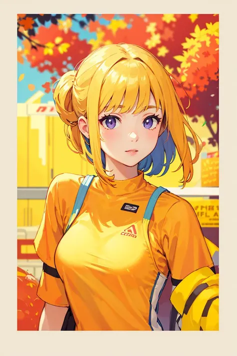 masterpiece, highest quality, semi-realistic, subsurface scattering, chromatic lighting,
(illustration border)
colorized, red + yellow + purple + blue limited color palette, detailed concept drawing, line-art, illustration,
fashion,
close-up of 18yo adult 1girl,large breasts, (mature face),
extrovert,
straight hair,
sportswear outfit,
necktie,
,
plastic,
city,
club, ,
sunny
blurred background
