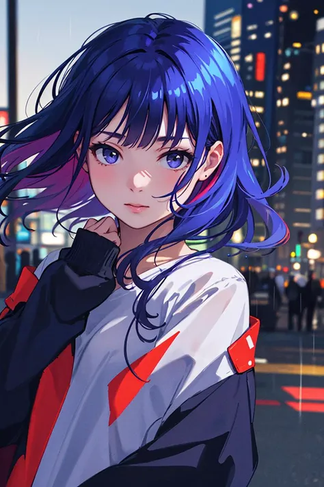 masterpiece, highest quality, realistic, subsurface scattering, chromatic lighting,
colorized, red + white + purple + blue limited color palette, detailed concept drawing, line-art, illustration,
fashion,
close-up of 18yo 1girl,small breasts,
shy,
bangs hair, 
urban outfit,
sleeves,
pleated,
metallic,
city,
school, people,
rain
blurred background