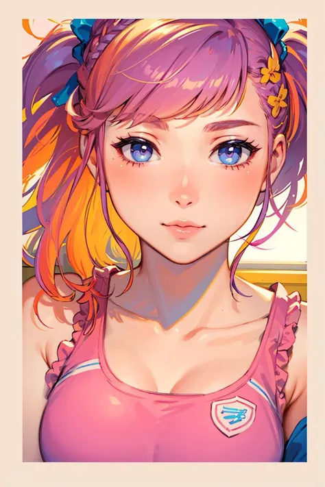 masterpiece, highest quality, semi-realistic, subsurface scattering, chromatic lighting,
(illustration border)
colorized, pink + white + purple + blue limited color palette, detailed concept drawing, line-art, illustration,
stylish,
close-up of 18yo adult 1girl,medium breasts, (mature face),
shy,
braided hair, 
sportswear outfit,
badge,
frilled,
metallic,
Europe
town,
bar, crowd,
wind
dark background