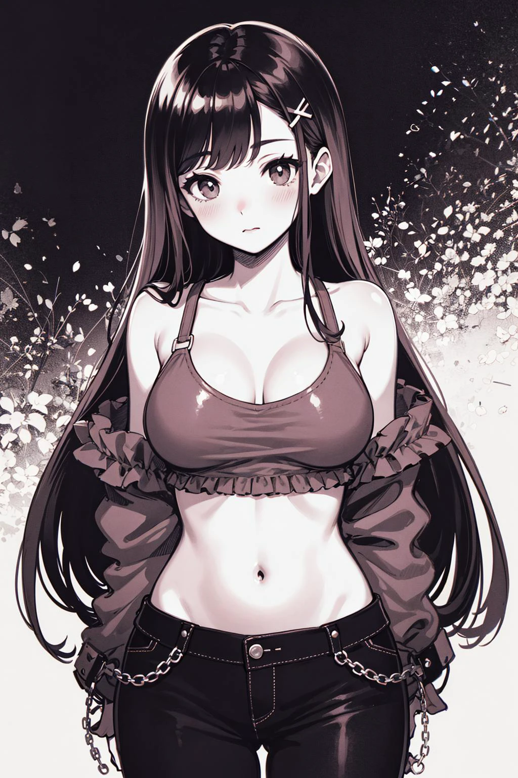 longan, 1girl, solo, long hair, white background, monochrome, blush, simple background, navel, hair ornament, bangs, pants, bare shoulders, midriff, closed mouth <lora:longan-pynoise:1>