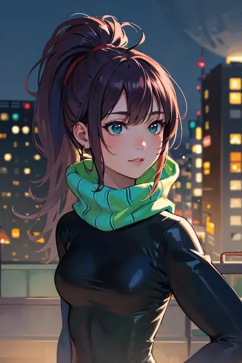 masterpiece, highest quality, realistic, subsurface scattering, chromatic lighting,
colorized, red + white + green + black limited color palette, detailed concept drawing, line-art, illustration,
,
close-up of 18yo 1girl,medium breasts,
,
ponytail hair, 
urban outfit,
scarf,
print,
lycra,
America
city,
onsen, people,
blurred background