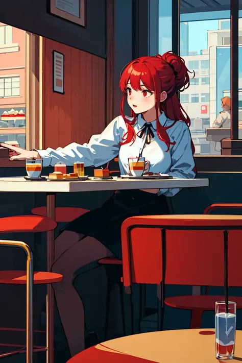 illustration, best quality, colorful, line-art, flat colors,

18yo girl, medium breasts, red hair, red eyes, long hair, hair up,
sitting in cafe, cake, drink, window showing street outside,

(digital illustration background)