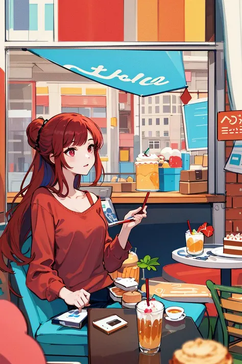 illustration, best quality, colorful, line-art, flat colors,

18yo girl, medium breasts, red hair, red eyes, long hair, hair up,
sitting in cafe, cake, drink, window showing street outside,

(digital illustration background)