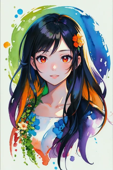 20yo adult 1girl, (illustration:1.3), (best quality), (masterpiece), Pixiv, (Konachan wallpaper), (colorful), best quality, watercolor, brush strokes, mature face,

orange + green + purple limited color palette,

red eyes, very long hair up,

digital illustration background