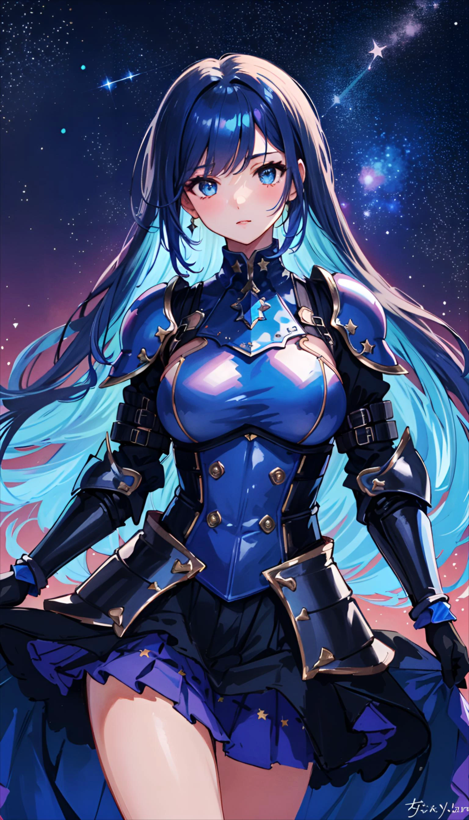 masterpiece, highest quality, subsurface scattering, chromatic lighting, colorized, blue + pink + purple + black limited color palette,
mature woman, (beautiful slender body), (soft medium breast), (pretty face), (long blue hair), (shiny body armor), (starry skirt),
nighttime, stars in sky