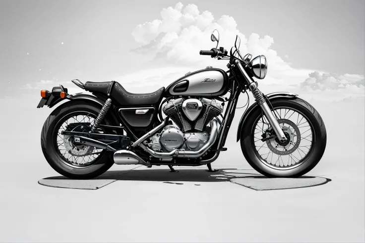 masterpiece, highest-quality, ulltra-realistic, 

2.5D, line-art:1.2, (illustration:1.1), manga, 

white + grey + carbon color palette,

from side

vintage motorcycle,

metal, rubber, leather,

white background, particles, dust cloud,