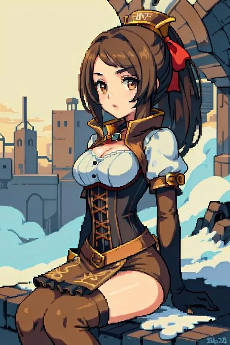 masterpiece, highest quality, pixel art, 2D colorized, crisp,
close-up,
22yo girl, beautiful body, (long brown hair), (Steampunk Corset Dress Brown Corset Suit), brown eyes,
sitting in a desert,
snowy,