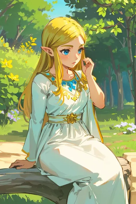 best quality, 2D, line-art, colorized, crisp, botw style,

red + blue + green + yellow limited color palette,

close-up,

22yo girl, beautiful body, (long blonde hair), (regal white dress), (golden accents), blue eyes, 

sitting in a forest,

sunny,
summer