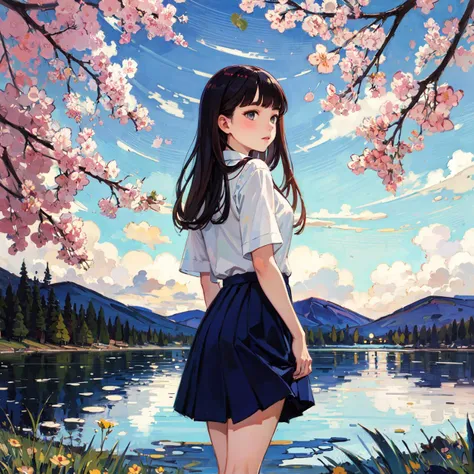 (by Tom Thomson:1.2), 1girl, solo, lake, mountain, looking back, school, white shirt, blue skirt