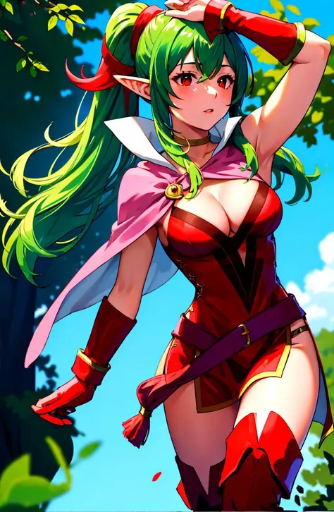 masterpiece, highest quality, subsurface scattering, chromatic lighting, colorized, yellow + red + blue + green + pink limited color palette,
close-up,
tiki fe, mature woman, red eyes, (long green hair), red dress, red thigh boots, (medium breast), pink cape, cleavage,
in a village