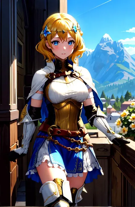 masterpiece, highest quality, subsurface scattering, chromatic lighting, colorized, yellow + black + blue + white + brown limited color palette,
looking at viewer,
lianna, hair ornament, circlet, cape, armored dress, elbow gloves, blue skirt, thigh boots, medium breast,
courtyard patio, mountains in the background