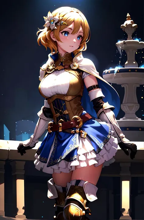 masterpiece, highest quality, subsurface scattering, chromatic lighting, colorized, yellow + black + blue + white + brown limited color palette,
looking at viewer,
lianna, hair ornament, circlet, cape, armored dress, elbow gloves, blue skirt, thigh boots, medium breast,
courtyard fountain