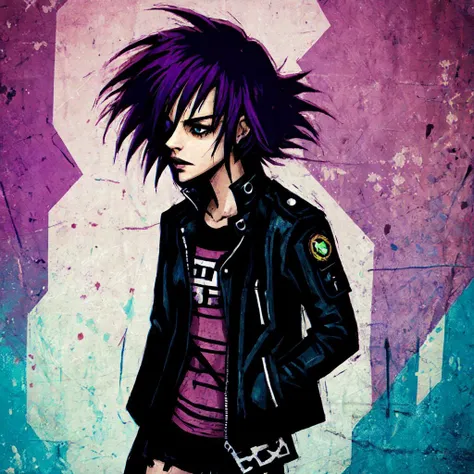 by Alice Pasquini and alena aenami, punk girl, purple hair, wild hair, leather jacket <lora:hk_style_v1.0:1>