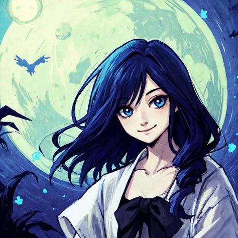 masterpiece, best quality, fine detail, highly detailed, girl, blue hair, long hair, curly hair, messy hair, (smile:0.9), moon, Ryohei Hase
, <lora:hk_style_v1.0:0.8>