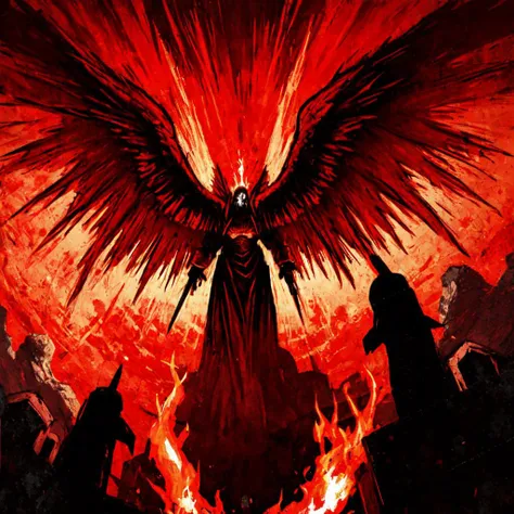 red sky, armageddon, angel of death, heavy metal, fire, <lora:hk_style_v1.0:0.8>