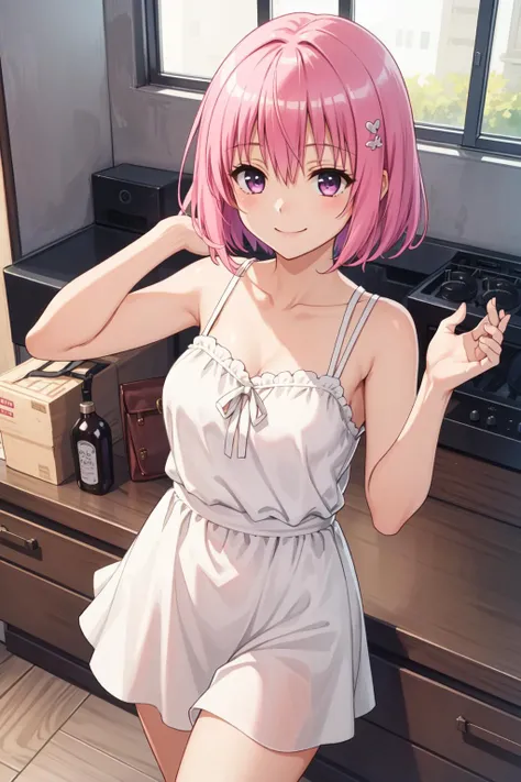 masterpiece, best quality, 1girl, momo velia deviluke, hair ornament, bob cut, short hair, pink hair, smile, <lora:Kizuki - To Love Ru - Momo Velia Deviluke:0.8>