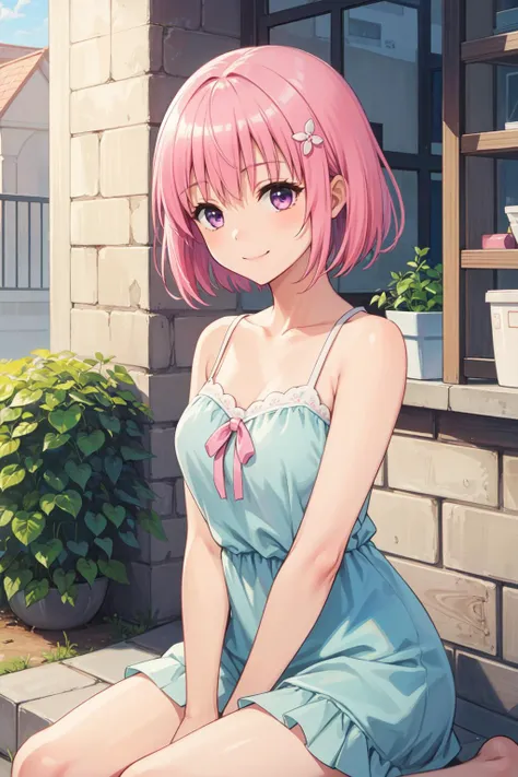 masterpiece, best quality, 1girl, momo velia deviluke, hair ornament, bob cut, short hair, pink hair, smile, <lora:Kizuki - To Love Ru - Momo Velia Deviluke:0.6>