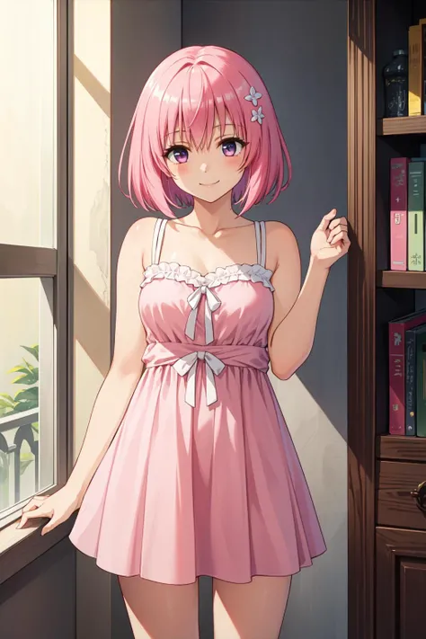 masterpiece, best quality, 1girl, momo velia deviluke, hair ornament, bob cut, short hair, pink hair, smile, <lora:Kizuki - To Love Ru - Momo Velia Deviluke:0.8>