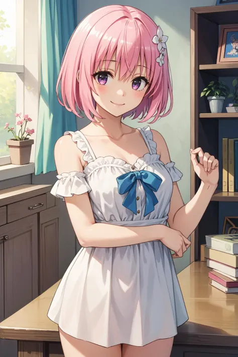 masterpiece, best quality, 1girl, momo velia deviluke, hair ornament, bob cut, short hair, pink hair, smile, <lora:Kizuki - To Love Ru - Momo Velia Deviluke:0.7>