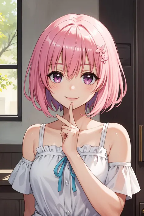 masterpiece, best quality, 1girl, momo velia deviluke, hair ornament, bob cut, short hair, pink hair, smile, <lora:Kizuki - To Love Ru - Momo Velia Deviluke:0.6>