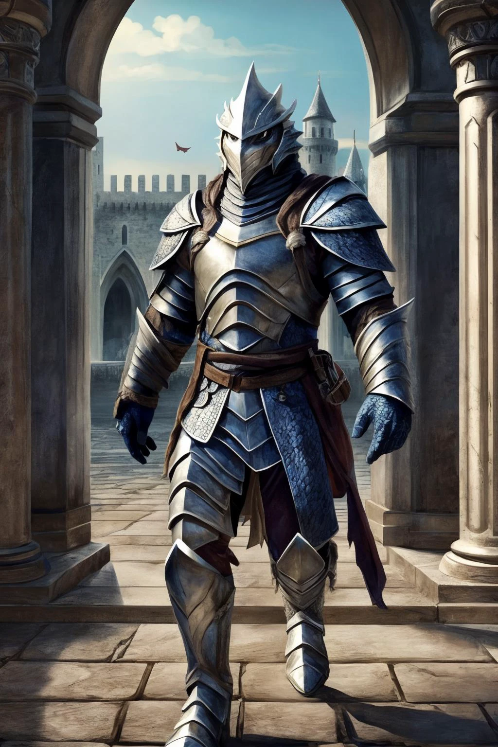 human male scales muscular mature leather armor in a castle detailed realistic intricate colorful scales fur detailed illustration cartoon anime