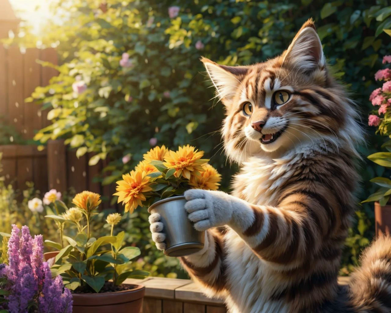 furry, SFW, anthropomorphic, Siberian forest cat holding a potted flower, garden, day time, smiling, happy, HD, detailed, masterpiece, high quality,