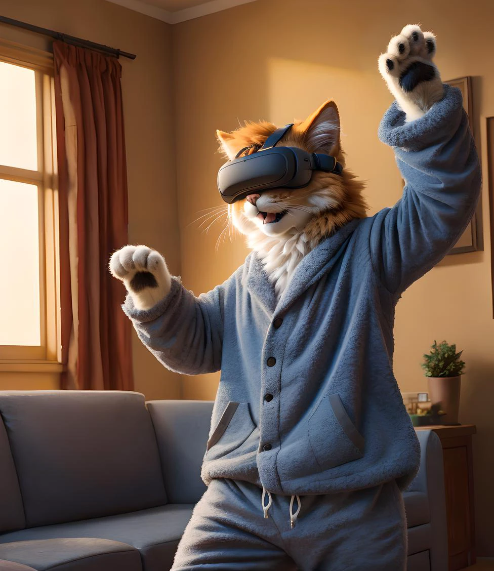 Living room, sofa, day time, furry, adult orange & black fluffy cat , wearing blue sweater and grey pajama pants, pajamas, wearing a Meta Quest VR headset on it's face, standing in the middle of the room, shocked, scared, frightened, furry art, furaffinity, trending on furaffinity, HD, 4k, detailed, highres, masterpiece, window, , trees, animal hands, cat paws up in the air , realistic paws, pink paws,