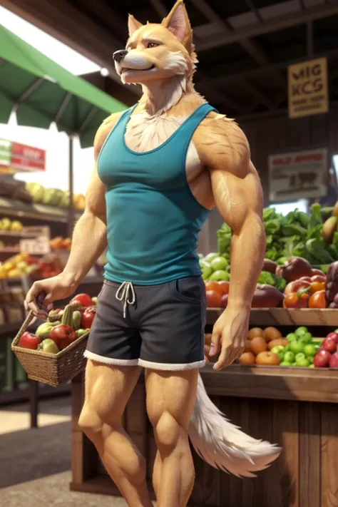 anthro dog male (furry body:1.1) handsome in the market buying produce shorts tank top detailed fur long fur realistic fur detailed paws 3d render hd 8k sharp focus