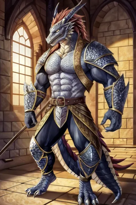 anthro dragon male scales muscular mature leather armor in a castle detailed realistic intricate colorful scales fur detailed paws illustration cartoon anime