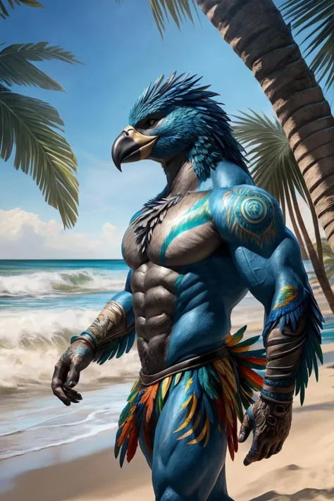anthro bird male feathers muscular beach detailed realistic intricate colorful detailed feathers in the sun palm trees jungle breaking waves hd 8k photo trending on artstation