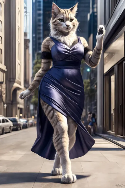 anthro cat female (furry body:1.1) sexy voluptuous pretty in the city wearing a dress detailed fur long fur realistic fur detailed paws digital art hd 8k sharp focus