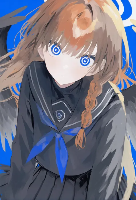 masterpiece, best quality,
//////////////1girl, solo, halo, looking at viewer, serafuku, school uniform, blue eyes, skirt, wings, blue neckerchief, sailor collar, shirt, black skirt, neckerchief, ringed eyes, blue background, braid, black sailor collar, pleated skirt, feathered wings, bangs, closed mouth, upper body, brown hair, long hair, orange hair, white shirt, simple background
//////// <lora:ziyunKohakuGammaV2:1>