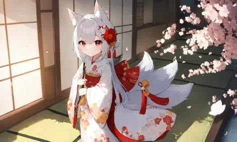 1girl, solo,
tail, multiple tails, animal ears, bird, red eyes, fox ears, uchikake, japanese clothes, veil, tail, flower, solo, fox tail, looking at viewer, kimono, white hair, fox girl, standing, long sleeves, wide sleeves, indoors, bangs, eyebrows visible through hair, tatami, full body, closed mouth, white kimono, bride, wedding dress, red flower, bridal veil, yellow flower, holding, tree, floral print, hair ornament, hood, see through, from side, sidelocks, animal ear fluff, tassel, short hair, long hair, dress, white flower, silver hair, ribbon, peony \(flower\), hair between eyes, railing, cherry blossom,
masterpiece, best quality, absurdres, recent, newest, safe, sensitive